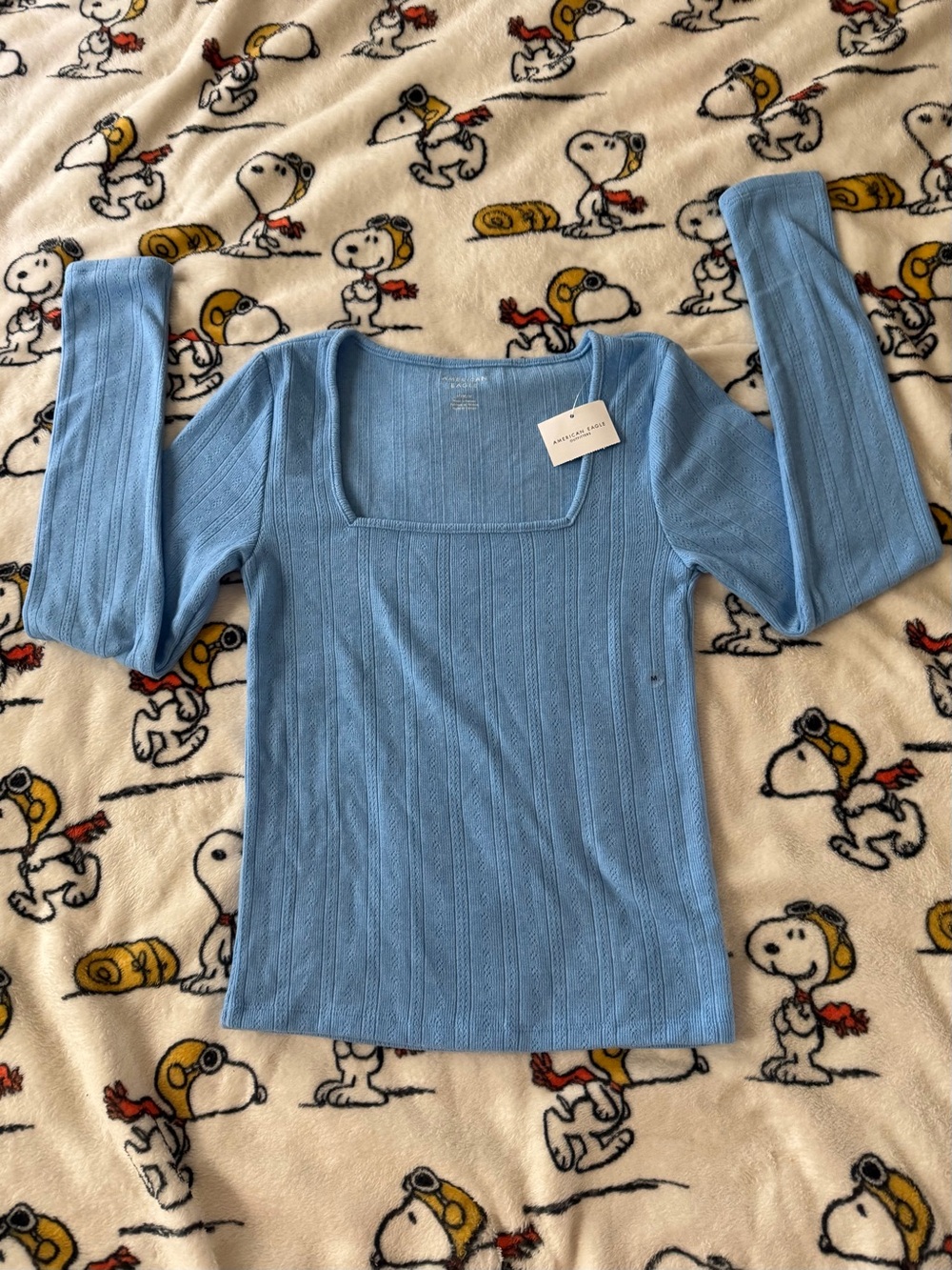 American Eagle Outfitters Light Blue Square-Neck Ribbed Long Sleeve Top
